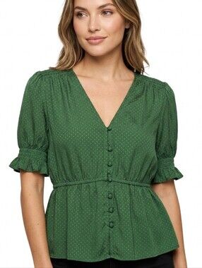 Ten Sixty Sherman Emerald Green Dot Button-Front Peplum Blouse